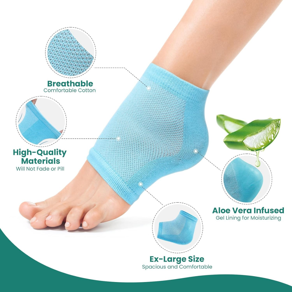 Welnove Moisturizing Heel Socks - 2 Pairs Aloe Vera Extract Infused Gel Lining for Dry Feet - Cracked Heel Repair Treatment - Cotton Socks for Women Men Foot Care (Blue, Regular)