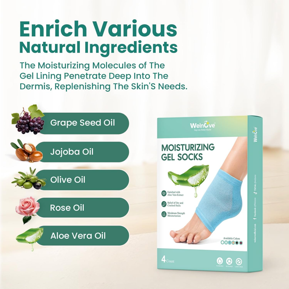 Welnove Moisturizing Heel Socks - 2 Pairs Aloe Vera Extract Infused Gel Lining for Dry Feet - Cracked Heel Repair Treatment - Cotton Socks for Women Men Foot Care (Blue, Regular)